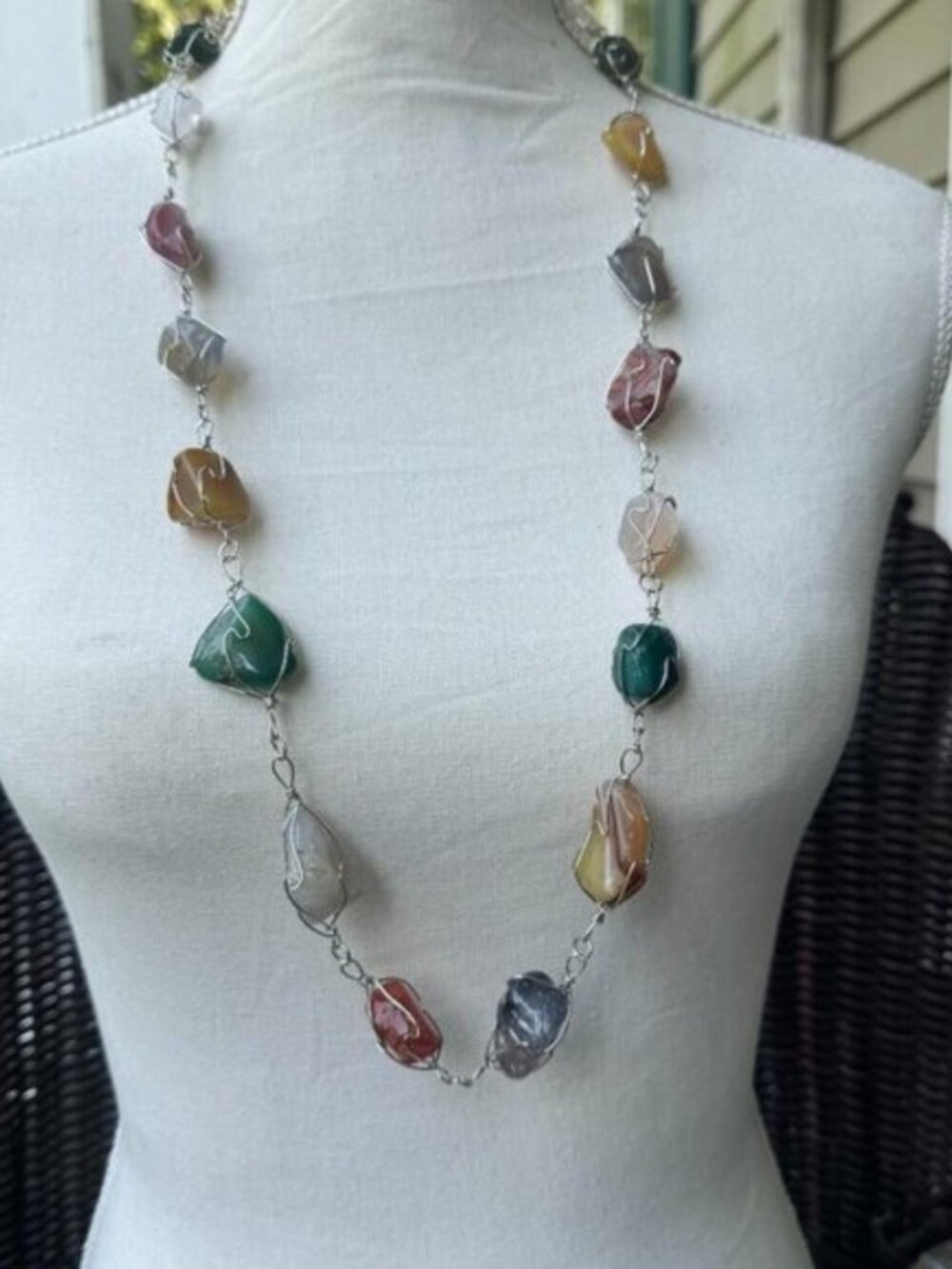 Silver  Necklace with Green and Black Accents